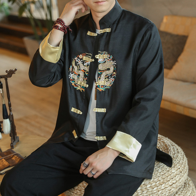 YUANSU中国风男装盘扣唐装刺绣夹克立领中山装外套上衣改良汉服古装禅服夹克