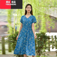 YIBUSHENG2024新款棉绸连衣裙女时尚气质人造棉绵海边度假洋气中显瘦长裙子