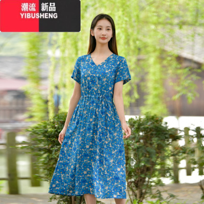 YIBUSHENG2024新款棉绸连衣裙女时尚气质人造棉绵海边度假洋气中显瘦长裙子