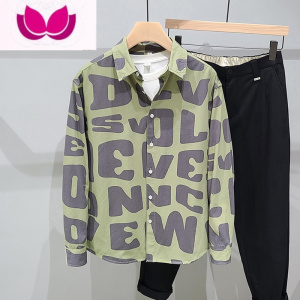 七斓日系潮流时尚全身字母长袖衬衫男夏季薄款衬衣高级感休闲寸衫外套