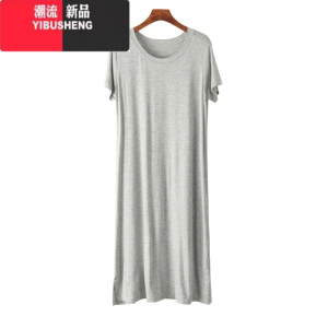 YIBUSHENG莫代尔圆领连衣裙女中长款开叉短袖T恤裙宽松打底裙大码休闲裙