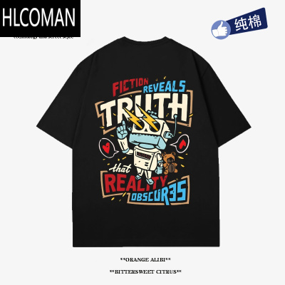 HLCOMAN美式潮牌机器人卡通印花短袖t恤男女宽松街头t恤复古半袖新款潮流