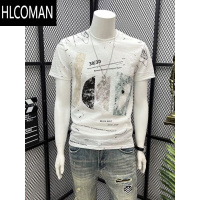 HLCOMAN欧货短袖男夏季痞帅男装百搭圆领透气T恤衫时尚高端印花半袖