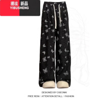 YIBUSHENG大码胖mm设计感蝴蝶印花高腰阔腿裤女国风破洞垂感直筒休闲裤子