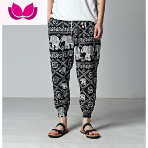 七斓泰国大象裤子男宽松阔腿裤民族风棉麻灯笼裤休闲九分裤胖子花裤子