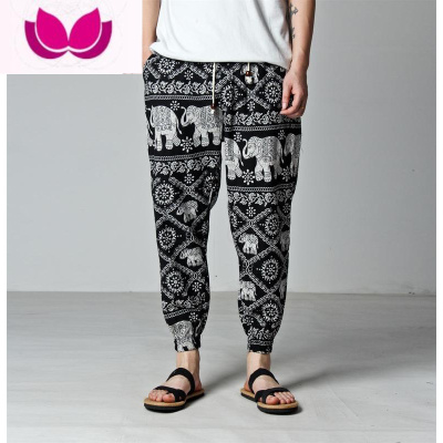 七斓泰国大象裤子男宽松阔腿裤民族风棉麻灯笼裤休闲九分裤胖子花裤子
