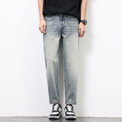 黑灰水洗猫须牛仔裤男宽松直筒阔腿裤高街潮牌做旧休闲长裤