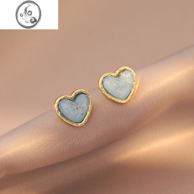 JiMi复古宫廷风法式蓝色宝石爱心耳环气质简约小巧蚊香盘无耳洞耳夹女