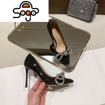 七色王国婚鞋2020年新款性感水钻蝴蝶结尖头宴会高跟鞋女细跟浅口亮片单鞋休闲鞋