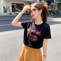 [2.5折价46元]唐狮夏季女圆领前胸图案短款短袖T恤显瘦减龄百搭休闲韩系潮