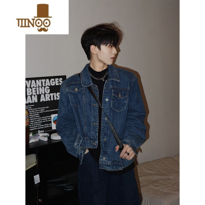 YANXUcleanfit垫肩深蓝色牛仔外套男感短款牛仔衣不规则飞行员夹克