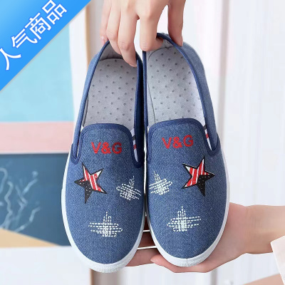 SUNTEK鞋子春夏新款女鞋浅口鞋女平底帆布鞋懒人休闲鞋百搭老北京布单鞋