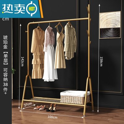 敬平挂衣架落地卧室简易晾衣服置物架子家用单杆式室内网红小型衣帽架 100cm宽-琥珀金单层晾晒架