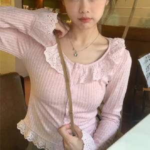 温柔风荷叶边T恤女春秋季新款短款拼接针织修身显瘦内搭长袖上衣