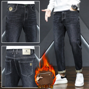 韩版男生加绒牛仔裤可水洗品质舒适修身男裤简约刺绣直筒裤男士