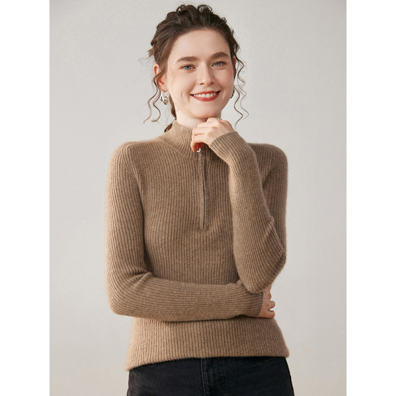 工厂抽条拉链半高领纯色山羊绒针织打底衫女修身外套毛衣女