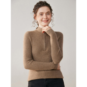 工厂抽条拉链半高领纯色山羊绒针织打底衫女修身外套毛衣女