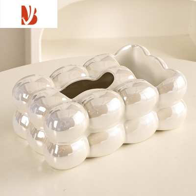 三维工匠轻奢纸巾盒家用客厅创意云朵抽纸盒带遥控器奶油棉花糖陶瓷收纳盒 [珍珠白]棉花糖纸巾盒收纳