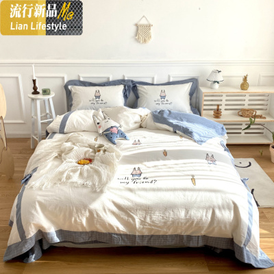 可爱卡通棉水洗棉四件套男孩月亮云朵被套床笠棉儿童床上用品 三维工匠