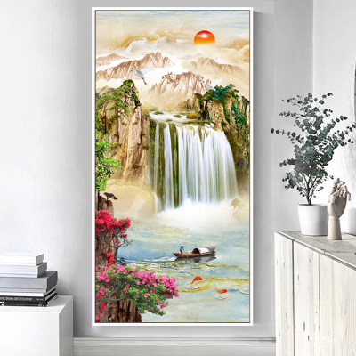 新房装饰画入户玄关装饰画简约晶瓷画走廊竖版轻奢北欧大山水瀑布60*120玄关画金框PS框+防水油画布（厚度35mm）