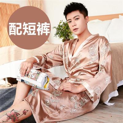 高档丝绸睡袍男夏季长袖薄款冰丝浴袍男装中长款春秋睡衣家居服