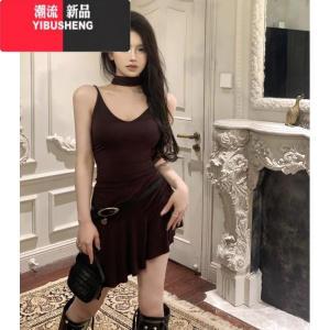 YIBUSHENG辣妹风性感紧身V领连衣裙女季新款时尚不规则内搭显瘦吊带裙子