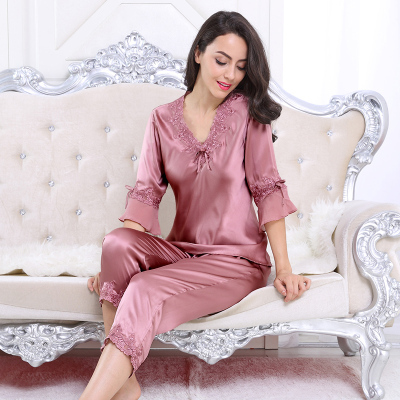 丝煌真丝睡衣女两件套100%桑蚕丝中袖蕾丝七分裤丝绸家居服可外穿