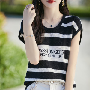 法式条纹薄款镂空针织短袖背心女夏季新款宽松显瘦设计感无袖上衣