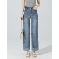 20266春季高腰牛仔直筒蛋卷裤女外翻毛边九分窄版阔腿裤