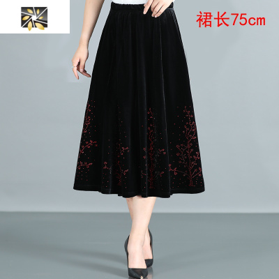 暖青汇春秋新款中老年半身裙中长款大摆裙大码女装裙子金丝绒烫钻跳舞裙半身裙