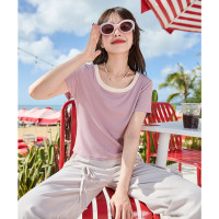 [1.5折价33元]唐狮夏季女针织撞色大u领净色中短袖T恤韩系百搭慵懒风潮流
