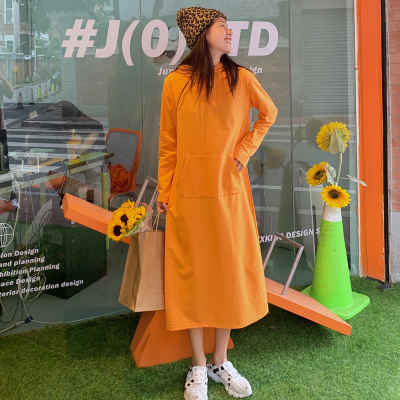 暖青汇2020秋季新款韩版大码连帽长袖色卫衣女宽松中长款过膝连衣裙女大码女装