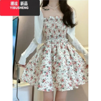 YIBUSHENG法式裹胸一字肩碎花连衣裙女收腰显瘦2023新款气质裙子质感高级感