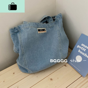 韩国ins牛仔帆布单肩包大容量简约百搭购物袋学生上课包包购物袋NEW LAKE 浅牛仔单肩包女士单肩包 浅牛仔单肩包