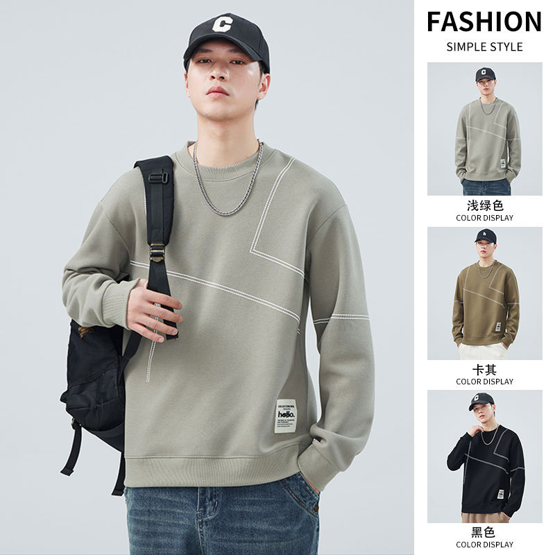 |年春款男士重磅圆领长袖卫衣黑色显瘦青年上衣百搭潮