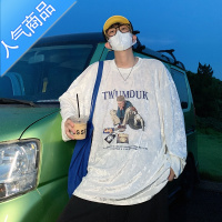 喻娄感冰丝绒长袖t恤男秋季无帽卫衣oversize小众高街潮ins情侣装T恤