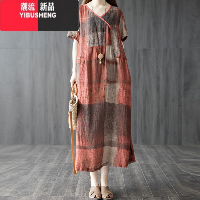 YIBUSHENG文艺大码女装季棉麻短袖连衣裙宽松V领洋气拼接中长款亚麻裙子