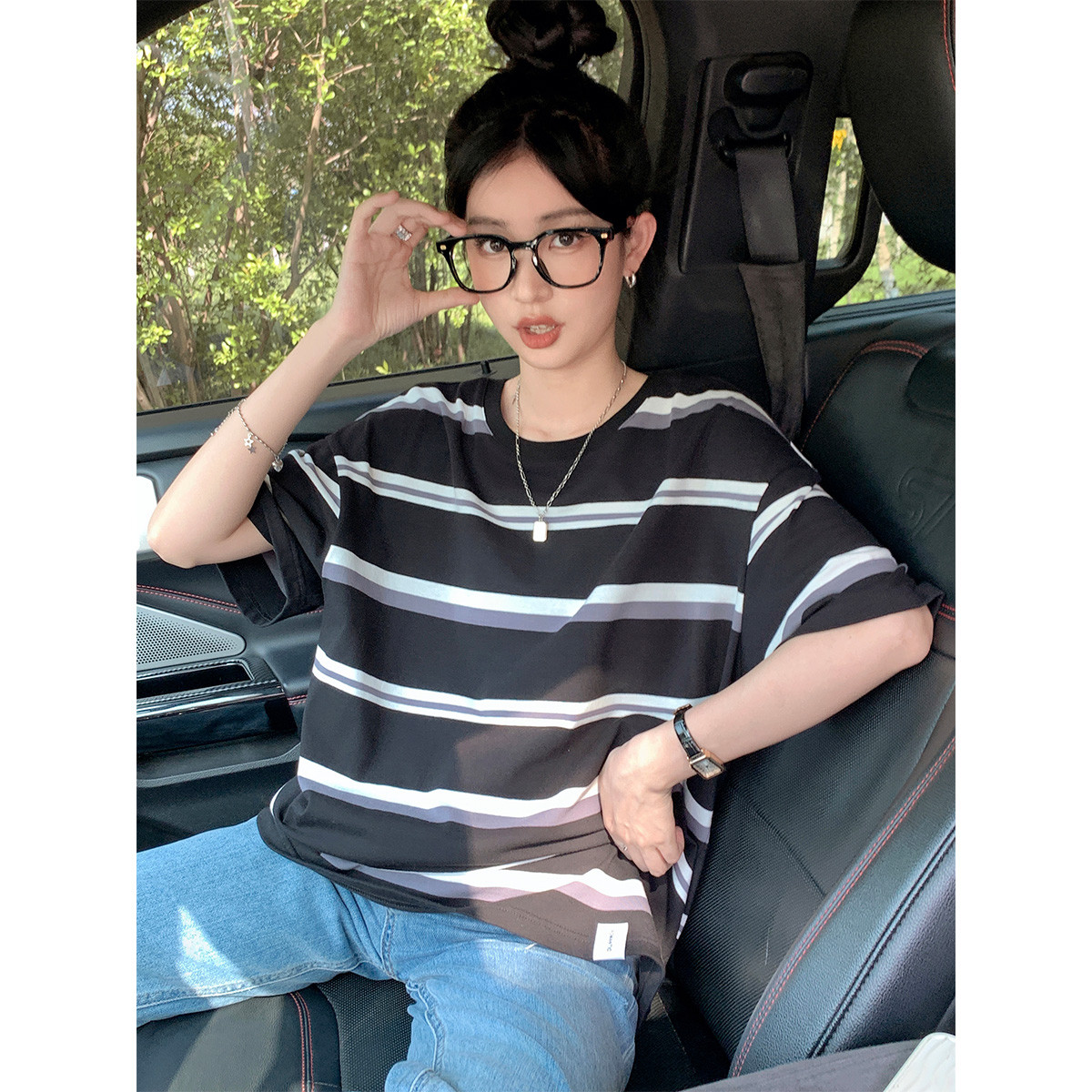 [2.5折价68元]唐狮夏季女圆领条纹撞色短袖T恤休闲减龄学院风百搭韩版气质