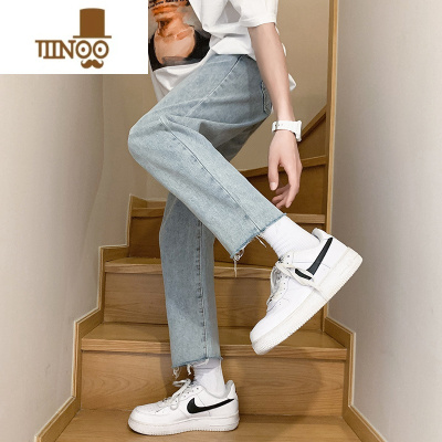 YANXU夏季新款浅蓝色牛仔裤男潮牌修身毛边直筒裤子男士港风百搭九分裤