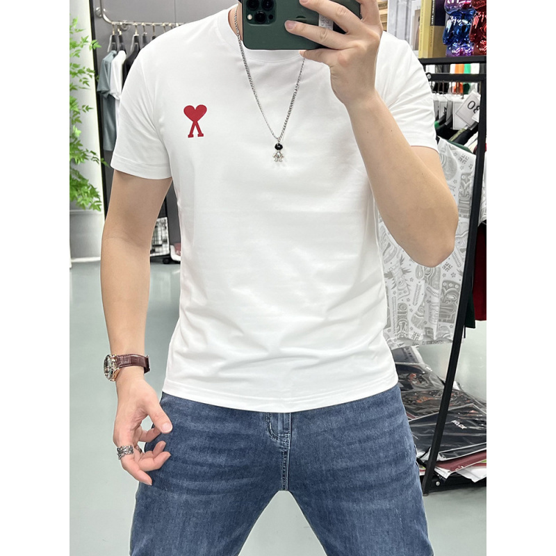 夏季简约爱心印花情侣款短袖上衣丝光棉圆领T恤修身潮流打底