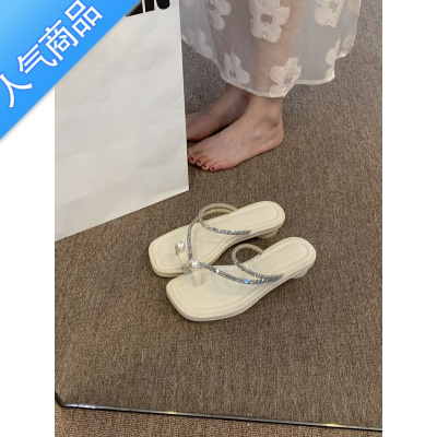 SUNTEK粗跟绝美珍珠套趾凉拖鞋女鞋子外穿2023年新款夏季设计感银色凉鞋