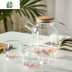 。日式冷水壶家用透明玻璃壶花茶壶泡茶耐热果汁壶凉水壶水杯具套 FENGHOU 蝴蝶兔子大号+4杯