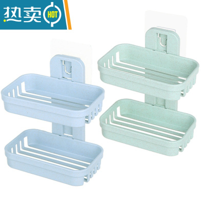 敬平免打孔肥创意浴室置物架双层肥皂架卫生间沥水壁挂香皂架家用 北欧蓝+北欧绿(2套装)皂盒