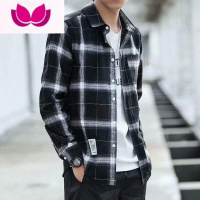 七斓韩版潮流ins格子衬衫男长袖百搭休闲宽松港风格纹衬衣外套夏
