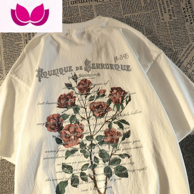 七斓美式复古玫瑰花短袖t恤女男宽松街头风夏季欧美高街潮牌上衣