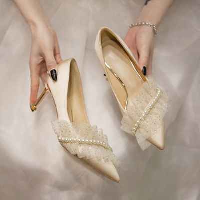 绸缎面高跟鞋女2021年春季新款细跟单鞋新娘婚纱伴娘鞋香槟色婚鞋