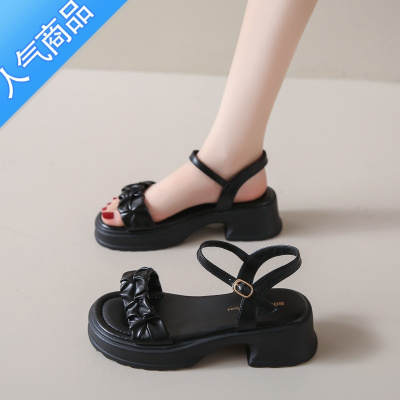 SUNTEK粗跟凉鞋女夏季2023新款一字带厚底罗马鞋网红超火配裙子沙滩鞋子