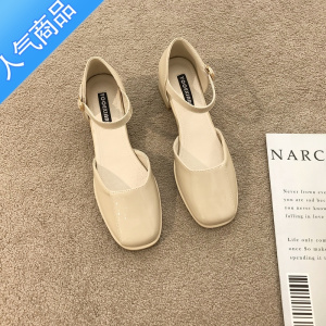 SUNTEK2023年春夏新款复古晚晚风后空单鞋女浅口粗跟包头气质玛丽珍凉鞋