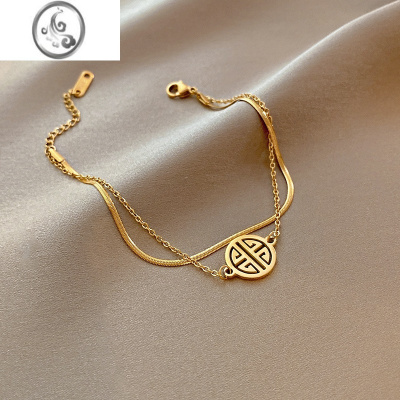 JiMi复古钛钢双层福吊牌手链女ins小众设计轻奢精致幸运手饰简约个性