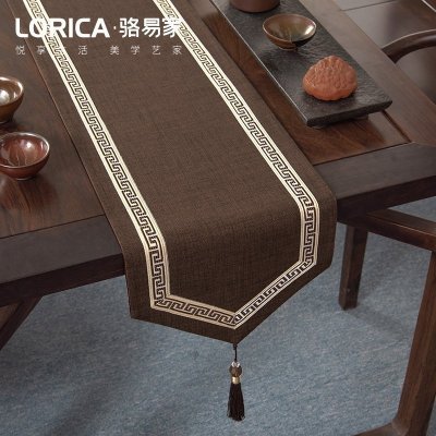 美式桌旗新中式禅意茶旗布现代简约茶几餐桌北欧电视 福延年-咖色(尖角款) 33*160cm(适用桌长1.1米-1.2米)